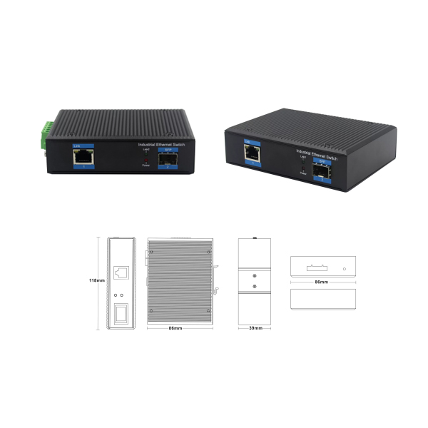 Industrial grade media convertor 1 port 10100Mbps + 1 port SFP uplink or 1 port fixed optical fiber 19 SCSTFC connector 20Km dual power supply in, max30W PoE output