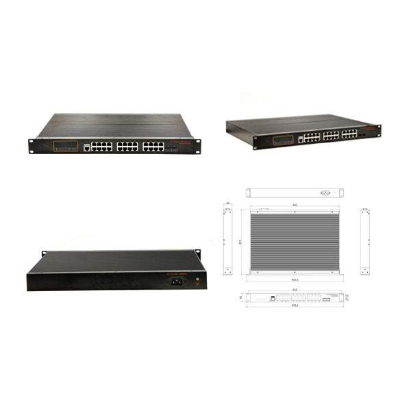 Rack-mountable, Alliuminun L2 Managed Industrial PoE Switch, 10100Mbps 24-Port RJ45(PoE)+2-Port gigabit SFP, Power supply AC110-240V (built-in 450W power supply), -4