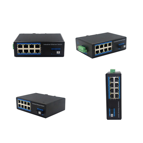 Din-rail design, Alliuminun Unmanaged Industrial Switch, 101001000Mbps 8-Port RJ45+1-Port optical 19 (Single-Mode (1310nm) ,Dual,SC 20km) ,DC48~57V -40℃-80℃, 8 port