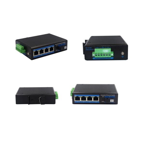 Din-rail design, Alliuminun Unmanaged Industrial Switch, 101001000Mbps 4-Port RJ45+1-Port optical 19 (Single-Mode (1310nm) ,Dual,SC 20km) ,DC48~57V -40℃-80℃,4 port P