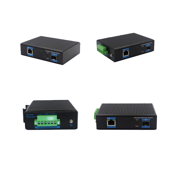 Din-rail design, Alliuminun Unmanaged Industrial Switch, 101001000Mbps 1-Port RJ45+1-Port SFP, Dual power supply DC48~57V Working temperature:-40℃-80℃ 1 port PoE WP