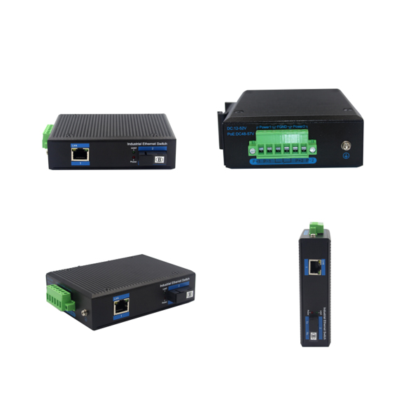 Din-rail design, Alliuminun Unmanaged Industrial Switch, 10100Mbps 1-Port RJ45+1-Port optical 19 (Single-Mode (1310nm) ,Dual,SC 20km) , DC48~57V,-40℃-80℃ Working tem